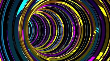 circular túnel formado de amarelo, ciano e magenta argolas contra uma Preto fundo. ciclo seqüência. 3d animação video