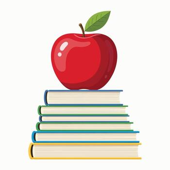 rojo manzana descansando en un apilar de vistoso libros representando educación y aprendizaje vector