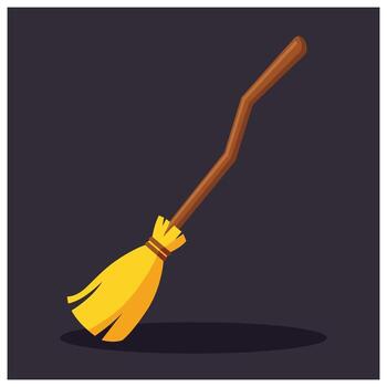 dibujos animados ilustración de un de bruja Escoba con un marrón encargarse de y amarillo cerdas, fundición un sombra en un oscuro antecedentes. vector