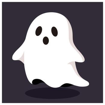A cartoon illustration of a white ghost with a surprised expression floating against a dark background. vector