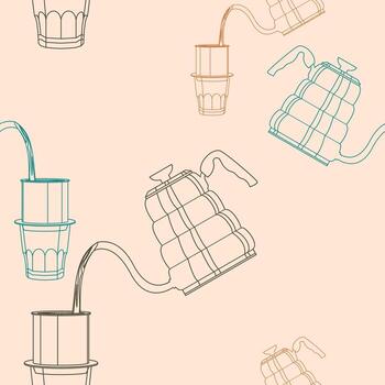 Editable Vectorized Illustration of Outline Style Pouring Hot Water for Vietnam Coffee Brewing as Seamless Pattern for Creating Background of Cafe With Vietnamese Culture and Tradition Related Design vector