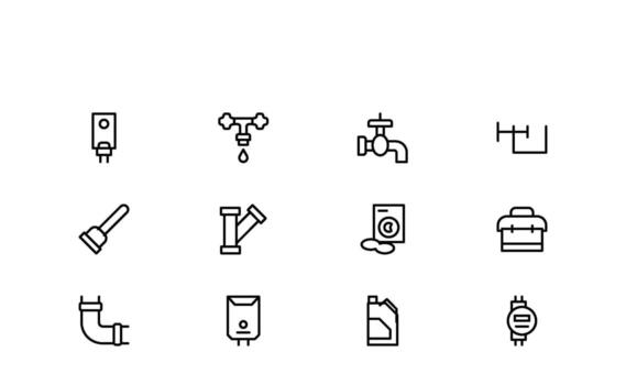 Household plumbing essentials line icons with a clean, consistent style suitable for service and installation graphics. vector