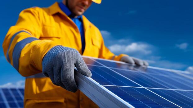 Solar energy community project worker installing panel under blue sky with gloves and yellow jacket photo