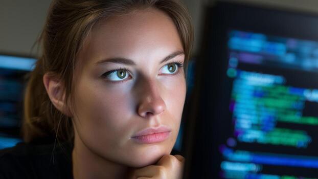 codificación campo de entrenamiento estudiante estudiando código en computadora pantalla enfocado y determinado expresión foto