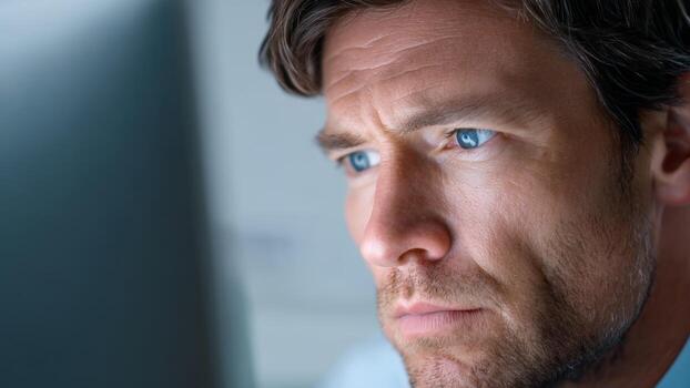 Man focused on computer screen with slow economy crisis causing workforce reduction and jobs down worry photo