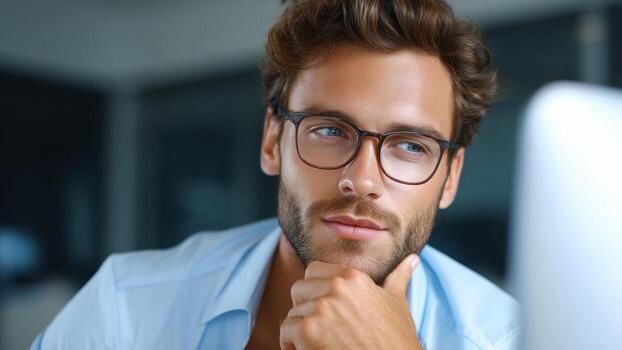 Young man with glasses thoughtful at computer software developer training motivated expression photo