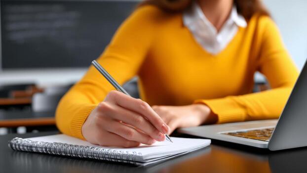 estudiante vistiendo amarillo suéter escritura notas con ordenador portátil cerca software desarrollador formación inspirador estudiar sesión foto