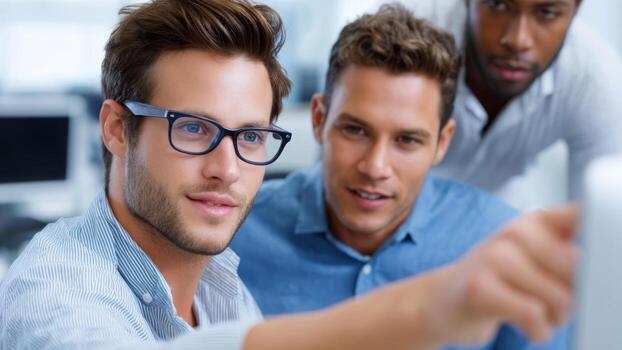 Young professional team learning coding at office bootcamp session focused on collaboration and problem solving photo