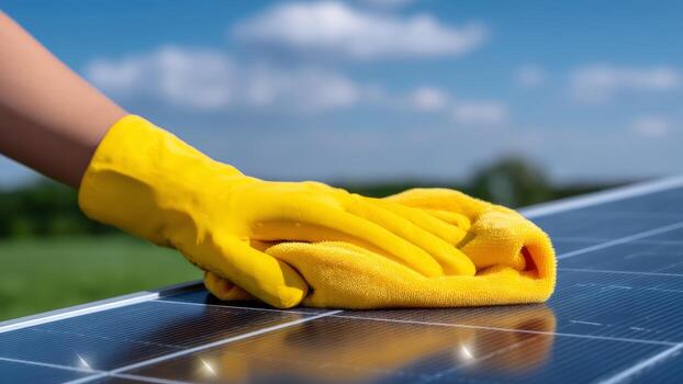 Cleaning solar panel with yellow glove and cloth in community project for energy efficiency and sustainable environment photo