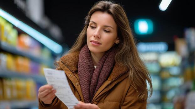 Woman reading grocery receipt in store comparing price and choices with thoughtful expression photo