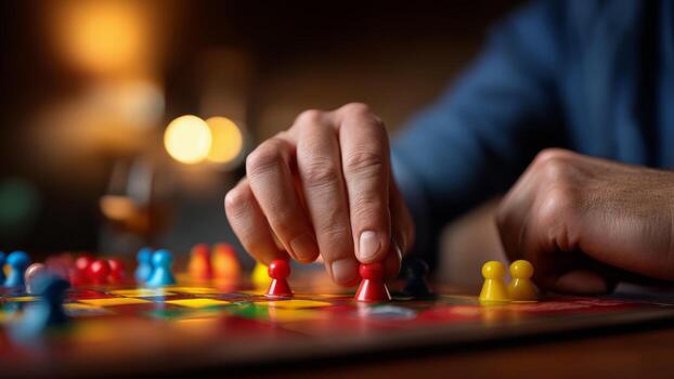 Family enjoys game night playing colorful board game with red and yellow pieces creating warm and joyful atmosphere photo