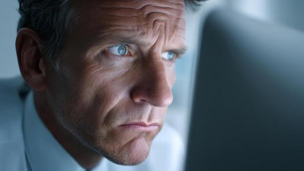 Workforce reduction and jobs slow down create crisis in economy causing stress and worry for this man at work photo