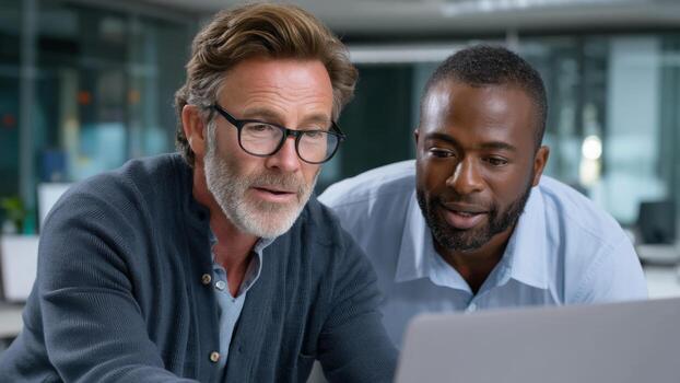 Experienced software developer mentoring colleague during training session focused on collaborative problem solving and code review photo