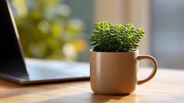 Succulent plant in cup on wooden desk with laptop in background creating calm office setup for work from home environment photo