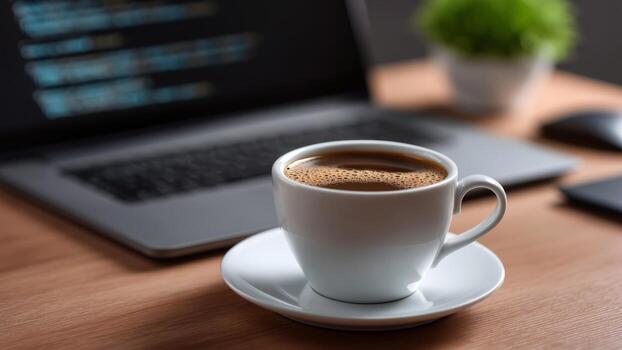 Coding bootcamp coffee break near laptop on wooden desk calm relaxed workspace with programmer focus photo