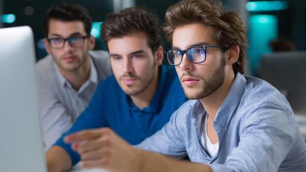 Coding bootcamp students collaborate on laptop solving programming problems with focused expression and modern office lighting photo