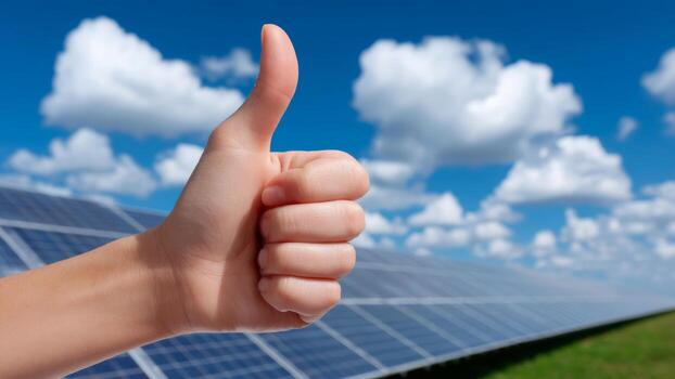 Solar energy community project shows hand giving thumbs up with solar panel field and blue sky background expressing support and success photo