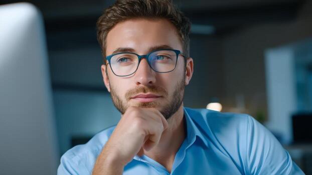 Young developer in blue shirt wearing glasses thoughtful at computer software training session focused expression photo