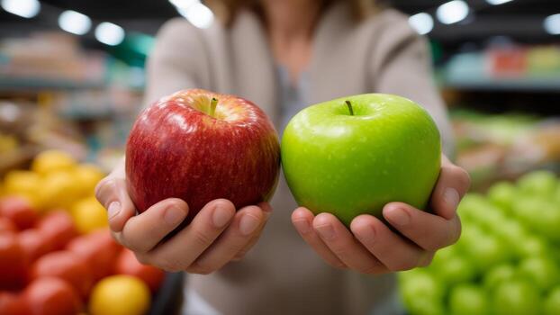 Red apple green apple grocery price comparison in supermarket hands holding apples offering choice and decision making photo