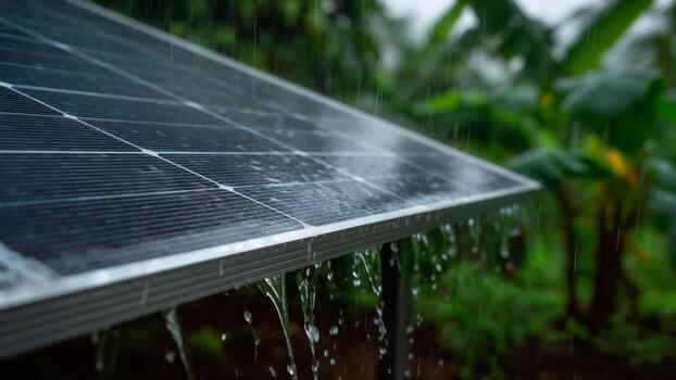 Solar energy community project features wet solar panel in rain with water droplets flowing off edge in green environment photo
