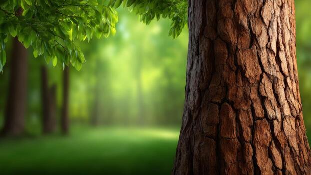 Tree bark close up with green leaves and blurred forest background showing nature face where bird populations thrive despite environmental crisis photo