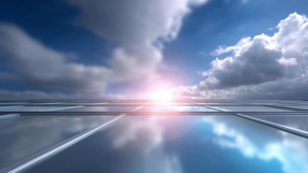 Solar energy grants from federal programs support clean power with bright sky and clouds reflecting on solar panel surface in hopeful review of sustainable technology photo