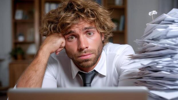 Stressed man with messy hair sits at desk overwhelmed by large stack of paperwork using digital tools for stress management in office setting photo