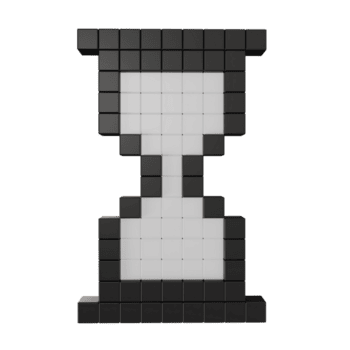 3D render pixelated hourglass icon made of black cubes, Retro digital sand timer symbol representing time, waiting, countdown, and vintage computer interface. png