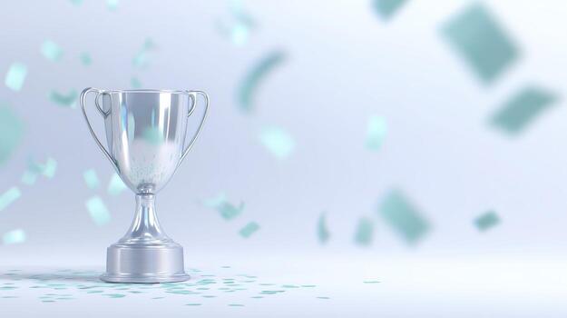 Silver trophy placed on a smooth surface, surrounded by colorful confetti, symbolizing achievement and celebration in a festive atmosphere with a soft gradient background photo