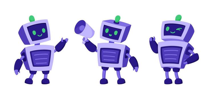 Set of adorable AI robot characters in different poses. Friendly artificial intelligence vector