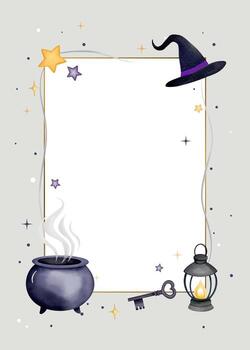 Watercolor halloween frame with empty space. Magical design with cauldron potion, lantern, witch hat. Mystical style vector