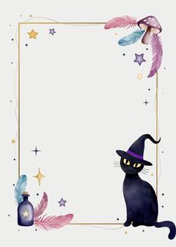 Watercolor halloween frame with empty space. Magical design with cat, potion, feathers, stars. Mystical style vector