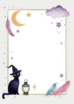 Watercolor halloween frame with empty space. Magical design with cat, stars, moon. Mystical style vector