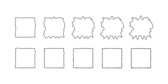 Doodle rectangle frame set with wavy curves, textured sketch borders, deformed outline rectangle shapes, hand drawn abstract frame collection vector