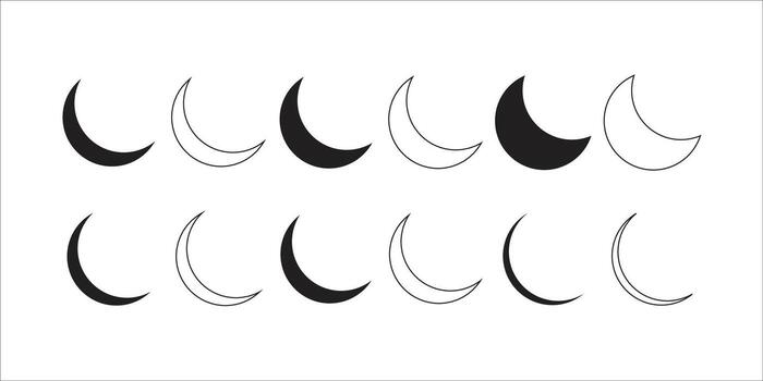 Crescent Moon Icons Set. Simple Moon Icons in Fill and Outline Style Isolated on White. Moon Shape Symbol Collection vector