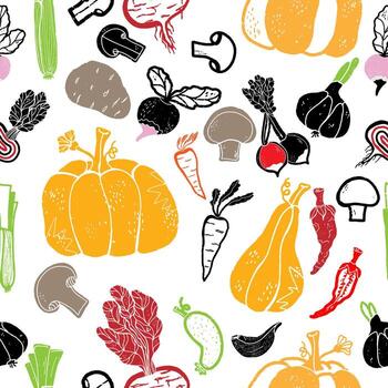 seamless pattern with vegetables and mushrooms vector