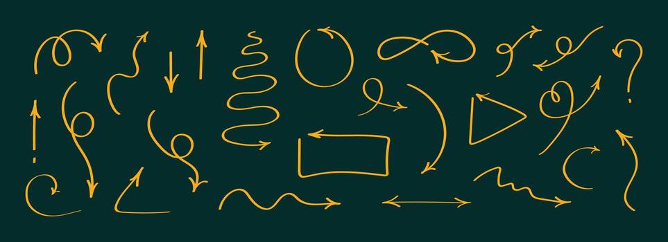 Arrow doodles and hand drawn sketch elements, swirl and curve lines, direction icons and highlight arrows set vector