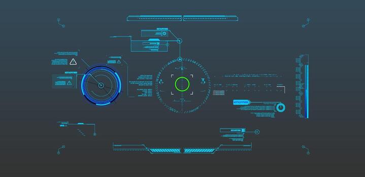 un alta tecnología digital interfaz caracteristicas brillante azul y verde elementos. eso incluye circular pantallas, advertencia símbolos, y datos lecturas, creando un ciencia ficción atmósfera. vector