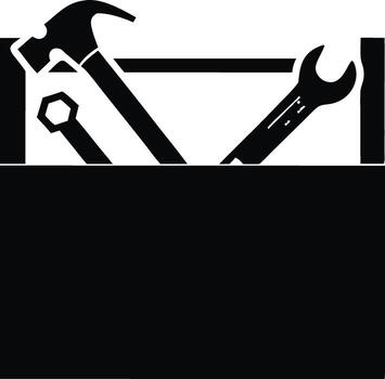 A black and white toolbox icon with tools inside. vector