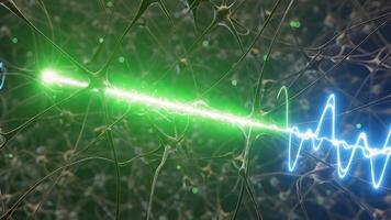 3D Brain Neural Network Signals with Blue Waveform and Green Laser Pulse video