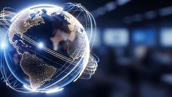 High Tech 3d digitale globo con raggiante orbitale leggero sentieri che rappresentano globale dati connettività video