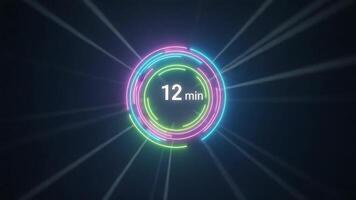Neon circular HUD countdown timer with glowing radial beams and minute display video