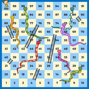 snakes and ladders board game with numbered squares and colorful elements template illustration vector