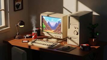 Cozy retro desktop setup with vintage CRT computer and pixel art game on screen video