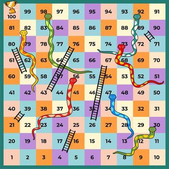 colorful snakes and ladders board game with numbered squares in checkered pattern design vector