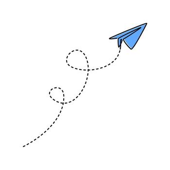 paper airplane flying with dotted line showing curved flight path trajectory route vector