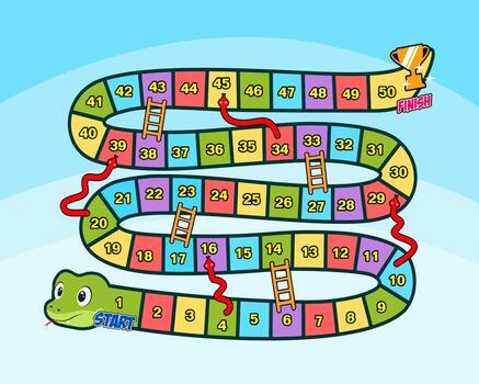 snakes and ladders board game with numbered path template design vector