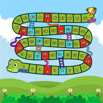 colorful snakes and ladders board game with numbered path and nature background template illustration vector