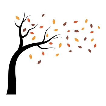 Autumn Tree with Falling Leaves Illustration. A tree silhouette with bare, curved branches swaying in the wind, while colorful autumn leaves drift gently through the air. vector