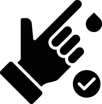Icon of a human hand with the index finger being pricked to extract a drop of blood for analysis, accompanied by a verification sign or blood in normal condition vector
